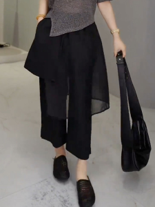 Shalldoer | Elegant Black Mesh Splice Wide Leg Pants Women Summer Loose Concealing Casual Trousers Fake Two-Piece Straight Cut High Waist