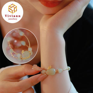 Viviann Original sterling silver Design White Moon Rabbit Hotan Jade Bracelet Birthday Gift Green Jade Chalcedony Bracelet For women Jade Crystal Beads Bracelets Jewelry Women Bangle year of the rabbit