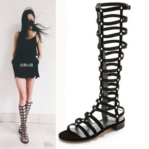 Black High-Top Roman Style Sandals with Buckle Detailing Smooth Leather Flat Bottom Shoes for Women Summer Fashion Boots
