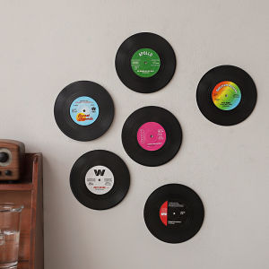 Creative Retro Vinyl Record Cup Mat 6 Pieces Set Cultural Relics Props round Shape Black Color Dining Table Decorations