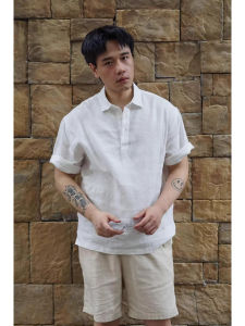 White Linen Cotton Blend Mens Short Sleeve Shirt Lightweight Breathable Summer Polo Casual Chic Flat Iron Treatment