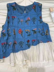 BINKAFENNY | French Elegant Floral Blue Embroidery Strap Vest Women Summer Outerwear Irregular Unique Beautiful Sleeveless Top