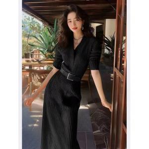 Elegant Knitted Dress Womens High Waist Slim Fit Long Skirt V-Neck A-Line Autumn New Style Inner Wear White Belted Slimming
