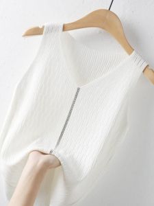 Áo Ba Lỗ Không Tay Cổ Chữ V Màu Trắng Mới Cho Nữ Mùa Hè Áo Ba Lỗ Dệt Kim Ice Silk Áo Ba Lỗ Ngắn Áo Ba Lỗ Rộng Rãi