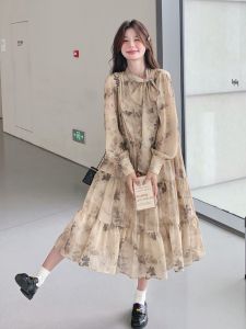 French Romantic Floral Print Dress Womens Autumn New Design Sensation Sash Sweet Temperament Flower Skirt Fairy A-Line Dress