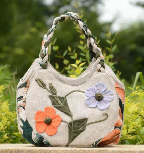 Elegant Cotton Linen Handbag for Women Small Round National Style Casual Tote Bag with Floral Elements