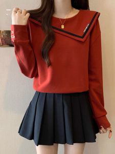 WANGGONGZHU | Plus Size Short Navy Collar Womens Base Shirt Autumn 2024 Slimming Drawstring Fashion Belly Cover Princess Style Sweatshirt