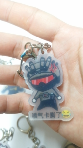 Cartoon Tactical Operator Keychain with Characters Silver Keychain Rings Displayed on White Surface with Black Balls.