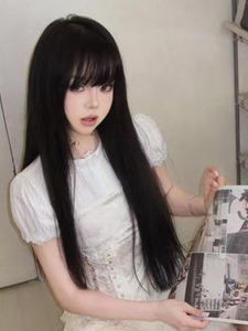 Womens Long Black Straight Hair Wig Airy Bangs Fashionable Simulation Full Head Cover Daily Use for round Faces JK Style