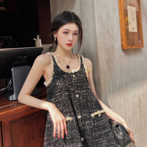 ชุดเดรสสไตล์เชอร์ลูกไม้แขนกุดสีพื้นทรงเอเอวสูงผ้าโพลีเอสเตอร์และไนลอนสำหรับผู้หญิง ชุดเดรสยาวปานกลางสีพื้น