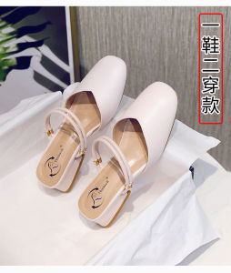 Low Heel Womens Sandals Summer Fashion Fairy Shoe Two-Way Wear Headed Slippers Korean Style Buckle Closure Cowhide Membrane