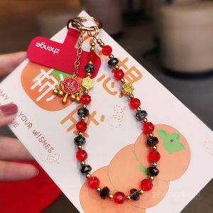 Handmade Crystal Beads Phone Strap Short Style New Year Red Color National Trend Retro Ethnic Style Pendant High-End Fashion Accessory