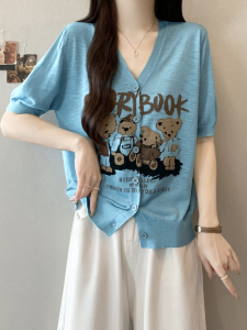 Shalldoer | Fashionable Bear Print Short Sleeve Knitted Open Cardigan Womens Summer Thin Breathable Sun Protection Top Casual Style V-neck