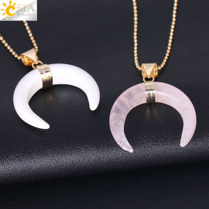 CSJA Natural Stone Crystal Necklaces Crescent Moon Pendants Tiger Eye Pink Quartz White Stone Gold Color Reiki Women F306