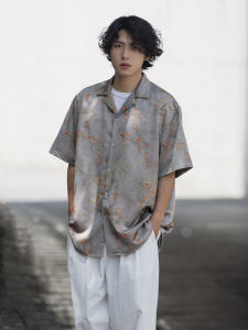 Noears Chinese Style Casual Loose Fit Summer Shirt Cuban Collar Layering Design Iron Free Floral Print Polyester Blend Male Top