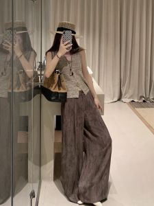 Korean Casual Style Wide Leg Pants Womens Loose Elastic Waist Gradient Color Straight Tube Pants Autumn New Style Slimming