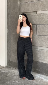 Celana Stripe Pants Panjang Harian Tali Pinggang Full Karet Hightwaist Wide Leg Casual Kulot Wanita