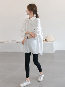 เสื้อเชิ้ตแขนยาวสีขาวสำหรับคุณแม่ตั้งครรภ์สไตล์มินิมอล ทรงหลวม แขนยาว ปกโปโล สำหรับใส่ไปทำงานในฤดูใบไม้ผลิและฤดูใบไม้ร่วง