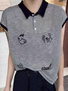 YUEZHONGWEI | Áo thun polo cổ bẻ may thêu kiểu Pháp bằng vải lanh lụa mùa hè cho nữ áo thun tay ngắn ôm vừa vặn thoáng khí thoải mái