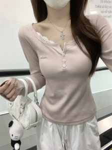 Pure Desire Anti-Aging Design Long Sleeve T-Shirt Womens Autumn Elegant Lace Splicing Half Open Collar Top Versatile Fashionable