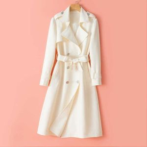 High-Quality Beige Womens Long Coat Double-Breasted Drapey Aged-Defying Elegant Style Commute Simple Style Polyester Fiber