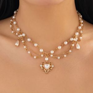SHIXIN Luxury Multilayer Imitation Pearl Choker Necklace for Women Elegant Heart Pendant Necklace Party Jewelry Neck Accessories