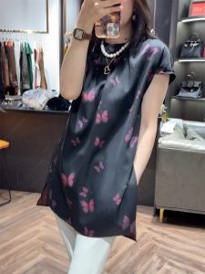 QINGNAER | Vintage Elegant Butterfly Print Contrast Color Round Neck Split Sleeve Shirt Large Size