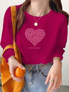 Early Autumn Loose Fit Long Sleeve Cotton T-Shirt Womens Heart Print Fashionable Top Korean Style round Neck Print Design