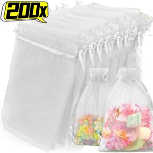 200/100Pcs White Organza Gift Bags Drawable Party Supply White Drawstring Pouches for Wedding Party Jewellery Christmas Candy