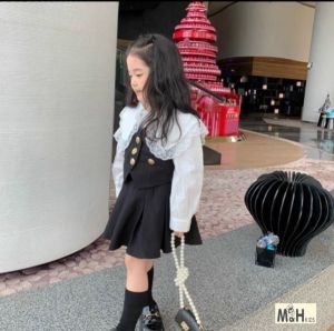 Sét váy Vest gile bé gái  phong cách tiểu thư Cực dể thương Gồm 3 chi tiết Như hình