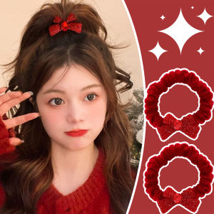 ที่มัดผมโบว์พลอยเทียมสีแดง4ชิ้นที่รัดผมแฟชั่นเชือกมัดผมทรงหางม้าถักห่วงมัดผมเครื่องประดับผมแต่งกายสำหรับปีใหม่