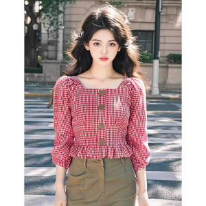 Áo Sơ Mi Kẻ Caro Màu Đỏ Tay Lửng Mùa Xuân Cho Nữ Dáng Ôm Vừa Vặn Cổ Vuông Dài Thường Ngày Chất Liệu Cotton Pha Trộn