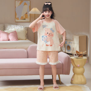 miiow | Pure Cotton Short Sleeve Sleepwear Set For Little Girls Summer New Style Cartoon Thin Home Clothes Catman Breathable Comfortable