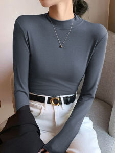 Áo Thun Dài Tay Màu Xám Lót Lông Cừu Cổ Cao Cho Nữ Mùa Thu Đông Phong Cách Mới Dáng Ôm Vừa Vặn Chất Liệu Polyester
