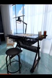 Tempered glass with light drawing tempered glass table equipped with additional side table drawers and leather cushioned stools