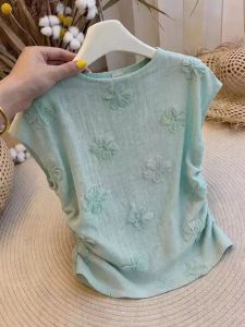 KUNAILIN | Mint Green Floral Short Sleeve Blouse Lightweight Ruffled Waist