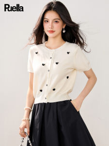 puella | French Style 3D Heart Round Neck Lace Spliced Short Sleeve Cardigan