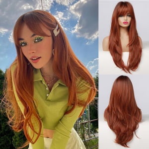 Long Synthetic Ombre Chocolate Brown Gray Wig with Bangs Straight Cosplay Natural Wigs for Black Women Heat Resistant Fake Hair