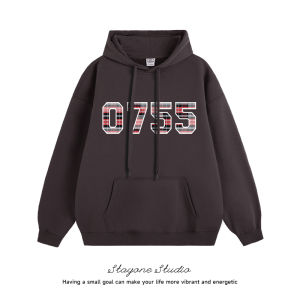 Áo Nỉ in Chữ Kẻ Caro Có Mũ Trùm Đầu Dáng Rộng Cổ Điển Cho Cặp Đôi Áo Nỉ Cotton Polyester Dài Tay Thường Ngày Mùa Thu