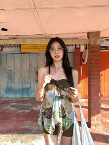 ❣Fortunee ❣ เสื้อดกาะอกสายเดี่ยวทรงวินเทจฤดูร้อน ดีำซน์ไม่สมมาตร พิมพ์ลายใบไม้ ตกแต่งผ้าตาข่าย