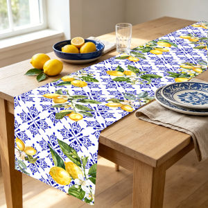 Mediterranean Lemon Blue Tile Print Table Runner Dining Table Decor Coffee Side Cabinet Dresser Holiday Home Ornament