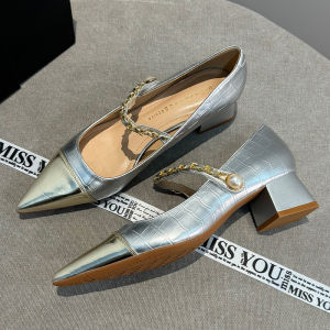 รองเท้าส้นสูง Mary Janes สีเงิน ทรงหัวแหลม สายรัดข้างเดียว รองเท้าส้นแบน พื้นนุ่ม รองเท้าส้นสูงแบบสวมสบายสำหรับผู้หญิง