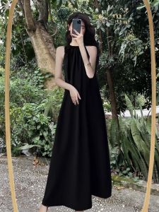Hebe Style Black Hanging Neck Dress Womens Summer New Soft French Tea Break Gown Elegant Gentle Long Skirt Casual A-Line