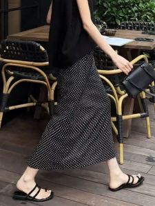 Black Polka Dot A-Line Long Skirt High Waist Slimming Split for Pear Shaped Women Autumn Winter High End Feelings Half Body Skirts