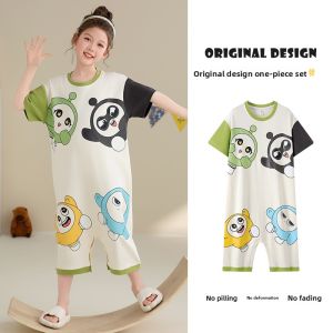 Miiow | Pure Cotton Cat Person Childrens Pajamas Short Sleeve Onesie Home Clothes For Girls Trendy Summer Outfit Indoor Outdoor Wear