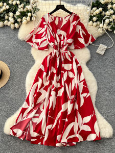 Váy Ngắn Cổ Chữ V in Họa Tiết Phong Cách Pháp Cổ Điển Dành Cho Nữ Mùa Hè Váy Dài Cạp Cao Váy Chữ A Váy Dài Tay Ngắn