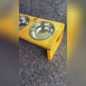 Tempat Makan Kucing dan Anjing Lucu 2 bowl dari Kayu Pinus