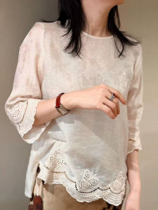 YINGDAI | High-end Lace Embroidered Flared Three-quarter Sleeves Summer New Style Loose Chinese-style Top