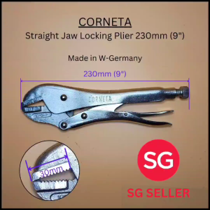 Ready stock in SG. CORNETA Straight Jaw Locking Plier 230mm (9"). Jaw Capacity is 30mm. Made in W-Germany