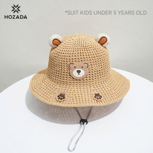 HOZADA หมวกกันแดดถักลำลองสำหรับเด็กหมวกกันแดดเดินทางหมวกชายหาดหมวกหมวกป้องกันแสงแดดปีกกว้างหมวกชายทะเลแบบพกพาหมวกฟางป้องกันรังสียูวีสำหรับเด็กหมวกแก๊ป